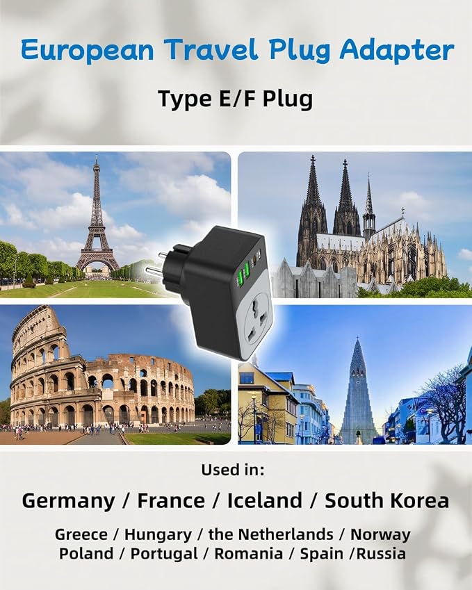 European Travel Plug Adapter, COOFINE 65W International Power Adapter with 2 PD USB C 2 USB Ports, Type E F Plug Adapter for US to Europe Spain Iceland German French, Europe Travel Essentials