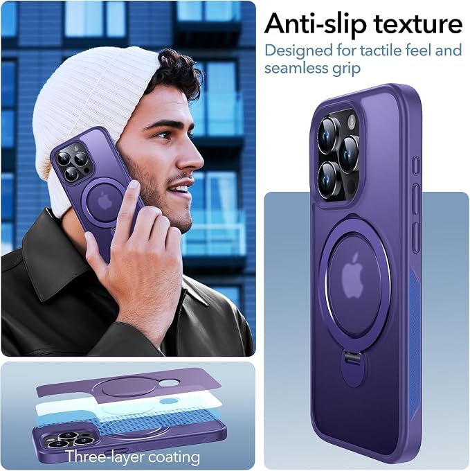 Anqrp 360° All-in-ONE Stand Case for iPhone 15 Pro with Rotatable Magnetic Kickstand Ring Holder, Compatible with MagSafe, MIL-Grade Shockproof iPhone 15 Pro Phone Case Cover 6.1" Purple