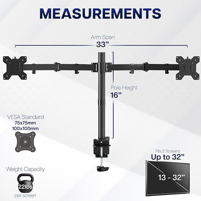 VIVO Dual Monitor Desk Mount, Heavy Duty Fully Adjustable Stand, Fits 2 LCD LED Screens up to 32 inches and 22 lbs Each, Black, STAND-V032