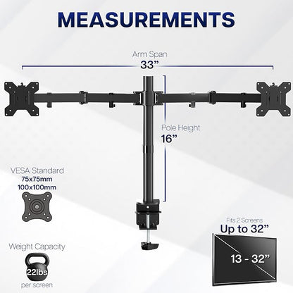 VIVO Dual Monitor Desk Mount, Heavy Duty Fully Adjustable Stand, Fits 2 LCD LED Screens up to 32 inches and 22 lbs Each, Black, STAND-V032