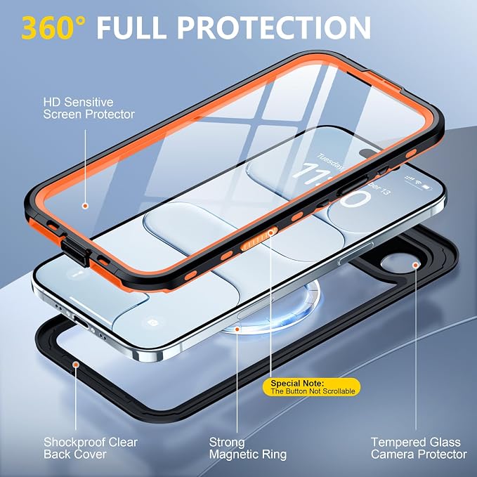 Red2Fire for iPhone Air Case Waterproof, [Built-in Screen Protector & Camera Protector][Compatible with MagSafe][Full Body Shockproof][IP68 Waterproof][Dustproof] Phone Case 6.5" Orange/Clear