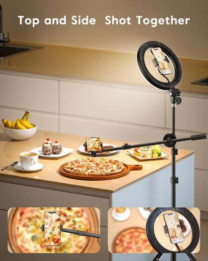 LUXSURE Ring Light with Stand for Phones, Tripod with Ring Light for iPhone, Overhead Phone Mount 10.5" with Phones Stand and Remote, Phone Tripod with Light for Video Recording/Live Stream/Cooking