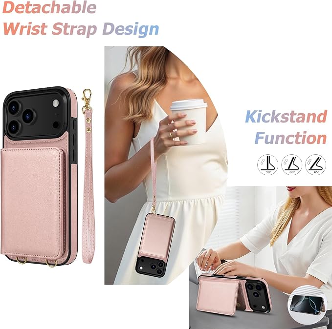 LOHASIC for iPhone 17 Pro Wallet Case with Detachable Crossbody Strap & Wrist Lanyard, RFID Blocking Card Holder, 4 Card Slots & 2 Cash Pockets, Leather Case for Women Girls, Rose Gold
