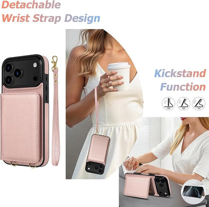 LOHASIC for iPhone 17 Pro Wallet Case with Detachable Crossbody Strap & Wrist Lanyard, RFID Blocking Card Holder, 4 Card Slots & 2 Cash Pockets, Leather Case for Women Girls, Rose Gold