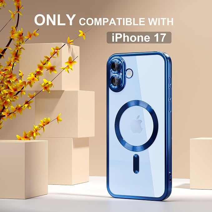Misea Magnetic for iPhone 17 Case Compatible with MagSafe [Never Yellowing] [Military Grade Drop Protection] Full Camera Lens Protector Plating Soft Clear Phone Case for Women, Deep Blue