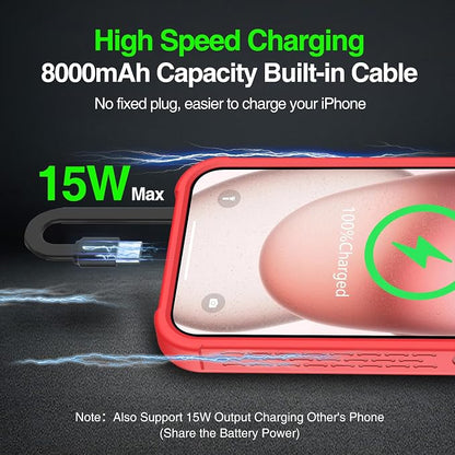 GIN FOXI Battery Case for iPhone 15 Pro Max/15 Plus, Rechargeable Charging Case 8000mAh 15W Ultra Slim Portable Extended Power Bank Case Cover Juice Box Built-in Cable, Red(6.7”)