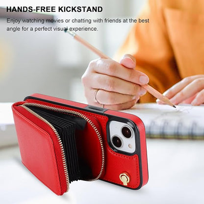 KIHUWEY Crossbody Wallet Case for iPhone 13 iPhone 14, Zipper Pocket Case with Card Holder, PU Leather RFID Blocking Protective Cover Case with Kickstand Detachable Wrist Strap Lanyard 6.1" (Red)
