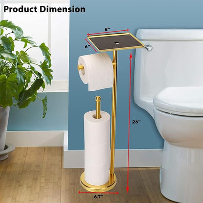 Noonext Gold Toilet Paper Holder Stand, Freestanding Toilet Paper Stand with Tray for Small Items, Toilet Paper Holder with Shelf, Storage Space for 4 Extra Toilet Paper Rolls (Gold)