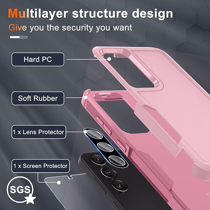 RMOCR Case for Samsung Galaxy S25, Full Body Heavy Duty Rugged Shockproof Protective Phone Cover with Lanyard Strap, Tempered Glass Screen Protector and Camera Lens Cover, Cute Pink