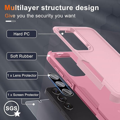 RMOCR Case for Samsung Galaxy S25, Full Body Heavy Duty Rugged Shockproof Protective Phone Cover with Lanyard Strap, Tempered Glass Screen Protector and Camera Lens Cover, Cute Pink
