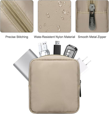 Tech Organizer Pouch, Small Multi-Pocket Electronics Case (Khaki) | Water-resistant nylon, foam padding, metal zipper, travel cable bag for charger, power bank, earbuds, SD cards and USB cables