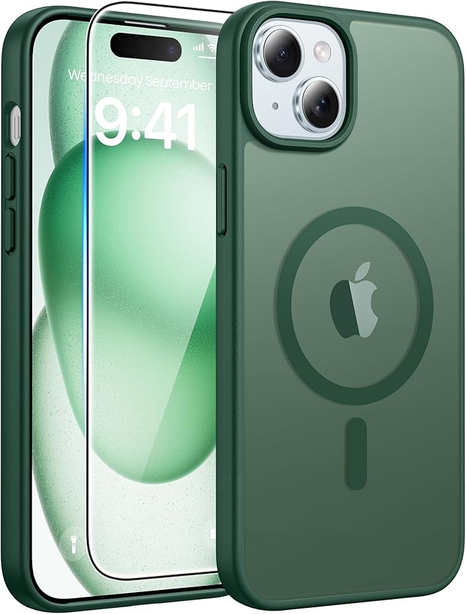 FNTCASE for iPhone 15 Case: for iPhone 14 Case & iPhone 13 Case [Compatible with Magsafe] Translucent Matte Cases with [Screen Protector] Military Grade Shockproof Protective Phone Cover - Green