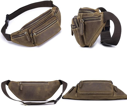 Crazy Horse Cowhide Leather Waist Pack Fanny Bag for Men Women Outdoor Travel Sports Running Walking Hiking Hip Bum Belt Slim Cell Phone Purse Casual Waist Wallet Pouch Deep Brown ﻿