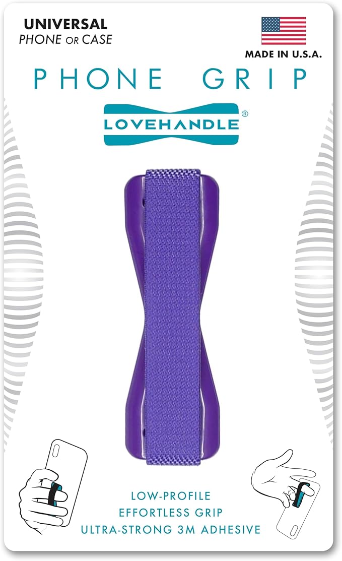 LOVEHANDLE Universal Phone Grip for Smartphones & Mini Tablets - Phone Holder for Hand - Wireless Charging Compatible - Made in The USA - Purple