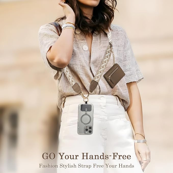 Diaclara Clip and Go Phone Strap with Zipper Pouch- Stylish Crossbody Adjustable Chain Lanyard with Leather Wallet for All Phones, Gray