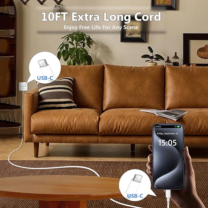10FT USB C Cable for iPhone 17 16 15 Charger Fast Charging, Long USBC to C Charger Cable Cord with 20W Type C Fast Charger Block for iPhone 17 Pro Max/17Pro/16e/16 Pro/16 Plus/15/15 Pro max,iPad 2Pack