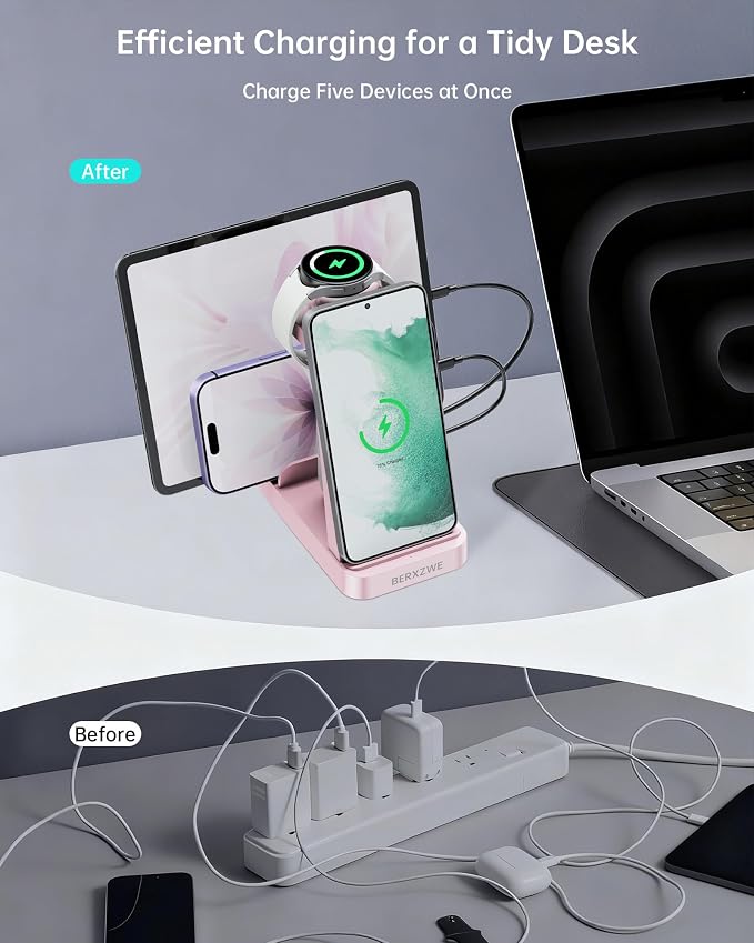 Wireless Charger for Samsung: 5 in 1 Samsung Wireless Charging Station for Galaxy S26Ultra/S25/S24, Charger Dock Stand for Galaxy Watch8/7/6/5, Android Charging Station for All USB-C Buds, Pink