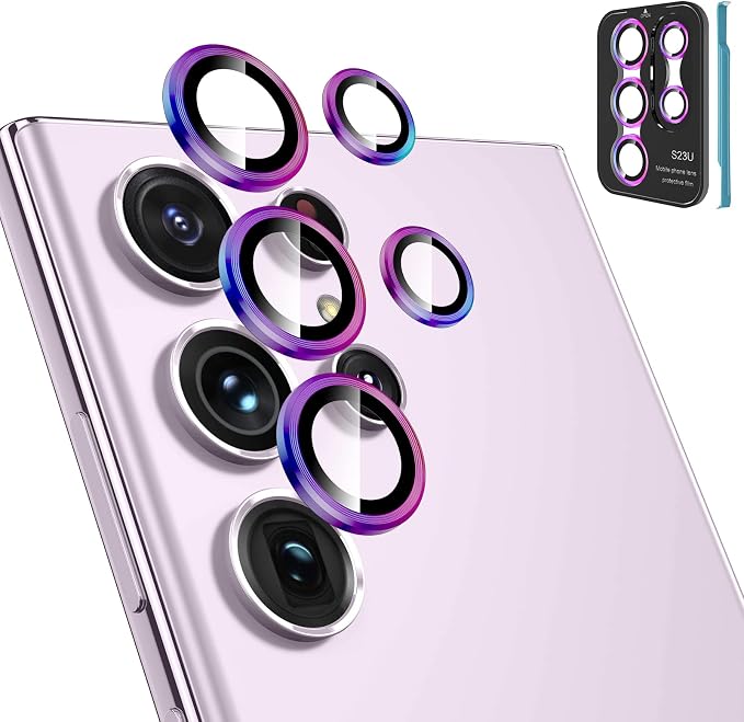 Tensea (3+2PCS for Samsung Galaxy S23 Ultra 5G Camera Lens Protector, 9H Tempered Glass Camera Cover Screen Protector Metal Individual Ring [Installation Tray][Removal tool][Case Friendly]- Colorful