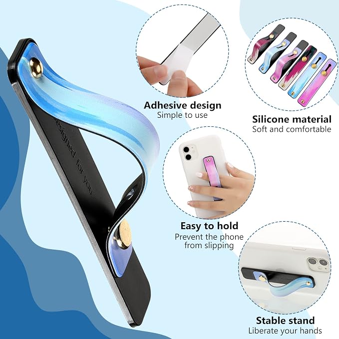 Weewooday 6 Pieces Phone Grip Holder Cell Phone Grip Strap Telescopic Finger Strap Stand Universal Finger Kickstand for Most Smartphones(Dreamy Colors)