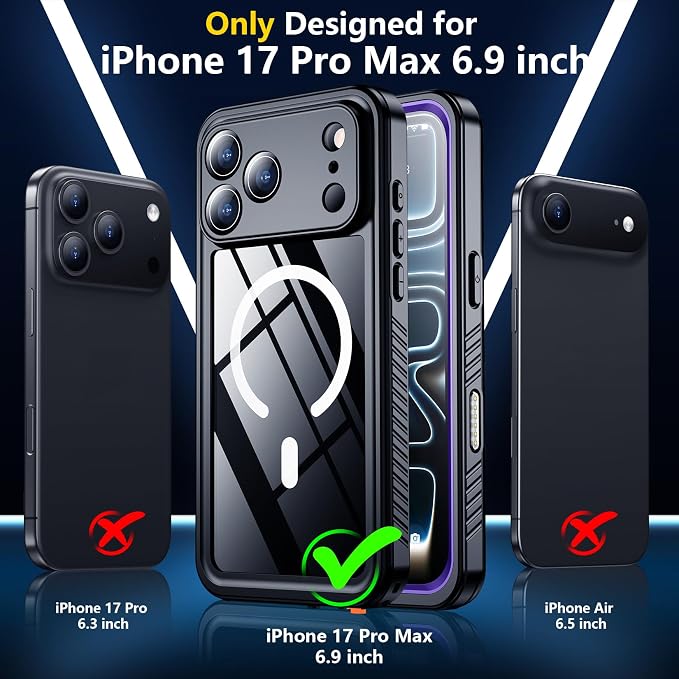 SPIDERCASE Magnetic for iPhone 17 Pro Max Case Waterproof, Built-in Screen & Camera Lens Protector[IP68 Underwater] [Military Grade Shockproof] Full Body Protection Phone Case, Purple/Clear