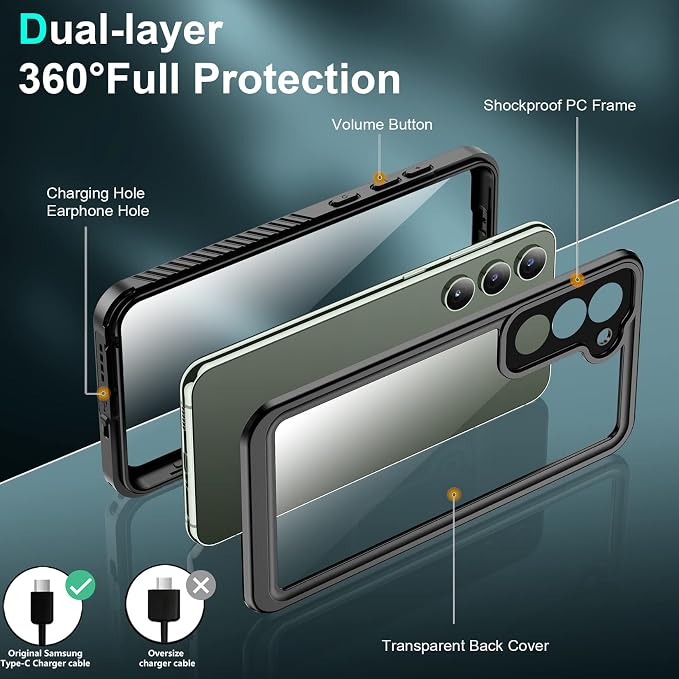 SPIDERCASE Designed for Samsung Galaxy S23 Plus Case Waterproof,Built-in Screen & Camera Lens Protector[IP68 Underwater][Military Grade Shockproof] Full Body Protection Phone Case, Black/Clear