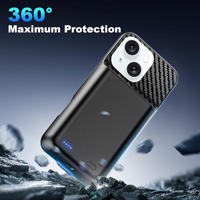 Battery Case for iPhone 15 Plus (6.7 inch), 2026 Upgraded High Capacity 13800mAh Battery Pack Rechargeable Charger External Charging Case with Tempered Glass Screen Protector Black