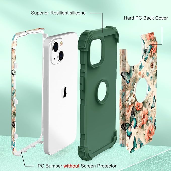 Hocase for iPhone 15 Case, Heavy Duty Shockproof Protection Soft Silicone Rubber Bumper+Hard Plastic Hybrid Protective Case for iPhone 15 (6.1" Display) 2023 - Teal Green Butterflies