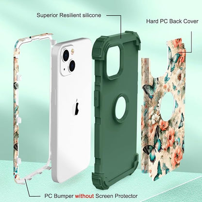Hocase for iPhone 15 Plus Case, Heavy Duty Shockproof Protection Soft Silicone Rubber Bumper+Hard Plastic Hybrid Protective Case for iPhone 15 Plus 6.7" 2023 - Teal Green Butterflies