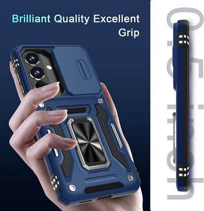 DEERLAMN Case for Samsung Galaxy A37 5G with Slide Camera Cover+Screen Protector (1 Pack), Rotated Ring Kickstand Military Grade Shockproof Protective Cover-Navy Blue