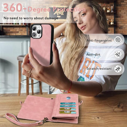 for Wallet Case Compatible with iPhone 14 Pro Max,Multi-Function Detachable 2 in 1 Magnetic iPhone 14 Pro Max Case Wallet,Flip Strap Zipper Card Holder Phone Case with Shoulder Straps (Pink)