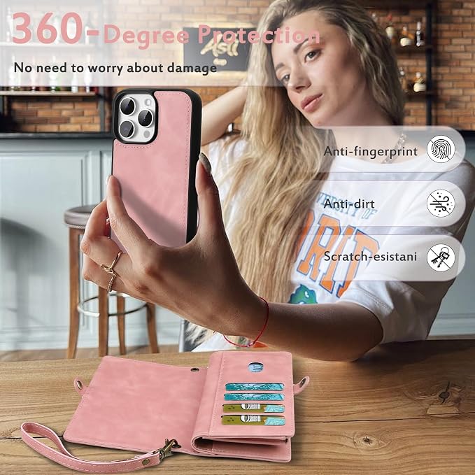 for Wallet Case Compatible with iPhone 16 Pro Max,Multi-Function Detachable 2 in 1 Magnetic iPhone 16 Pro Max Case Wallet,Flip Strap Zipper Card Holder Phone Case with Shoulder Straps (Pink)