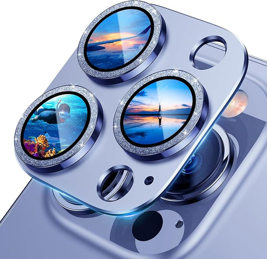 UniqueMe for iPhone 13 Pro/iPhone 13 Pro Max Camera Lens Protector, Metal Ring Tempered Glass Rear Camera Screen Cover - Light Blue (Bling Circle)
