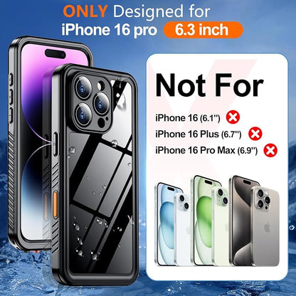 Hualele for iPhone 16 Pro Case Waterproof, [12FT Military-Grade Drop Protection] [IP68 Water Resistance] Full Body Heavy Duty Rugged 360 Protective iPhone 16 Pro Case 6.3 Inch Black