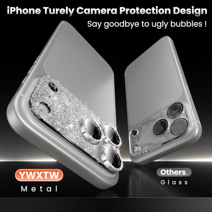 YWXTW for iPhone 17 Pro Max Camera Lens Protector, [Upgraded Glitter Design] Full Bling Sparkly Diamond Tempered Glass Screen Protector Metal Camera Cover Accessories (Glitter Silver, iPhone 17 Pro Max)