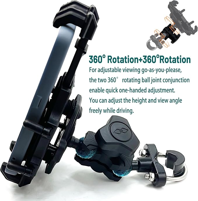QYMOTO Motorcycle Phone Holder ATV Cell Phone Mount with Vibration Damper,Anti-Shake Sturdy for Handlebar Phone Holder ATV 4 Wheeler Dirt Bike Scooter Quad Fit 4.7"-7.1" Smart Phones 360° Rotation