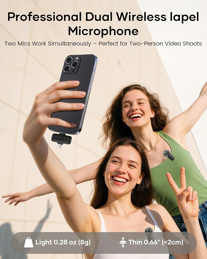 Wireless Lavalier Microphone for iPhone iPad Android with Charging Case,Lapel Mic with Noise Reduction,36H Battery Life, 135ft Range, Mini Microphone for Video Recording,YouTube,Vlog,Live Streaming