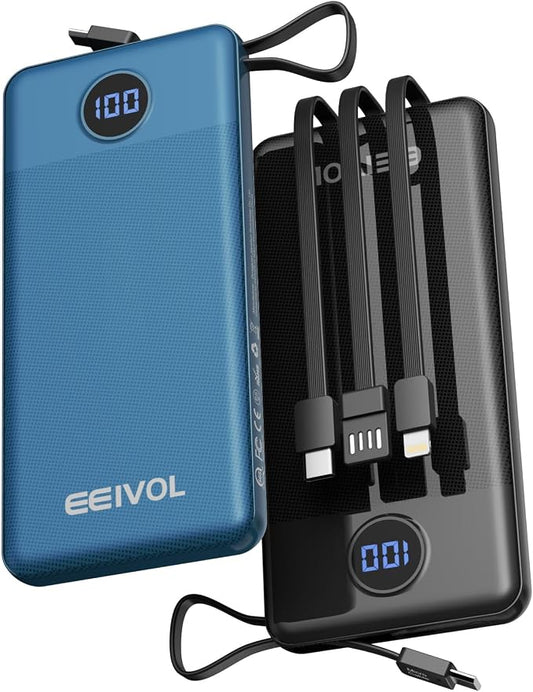 Portable Charger with Built in Cables, Slim 10000mAh Power Bank, USB C Battery Pack Travel, 4 Output 2 Input External Charging Bank for iPhone 17/16/15/14/13,Samsung, Android, etc-Black&Blue(2 Pack)
