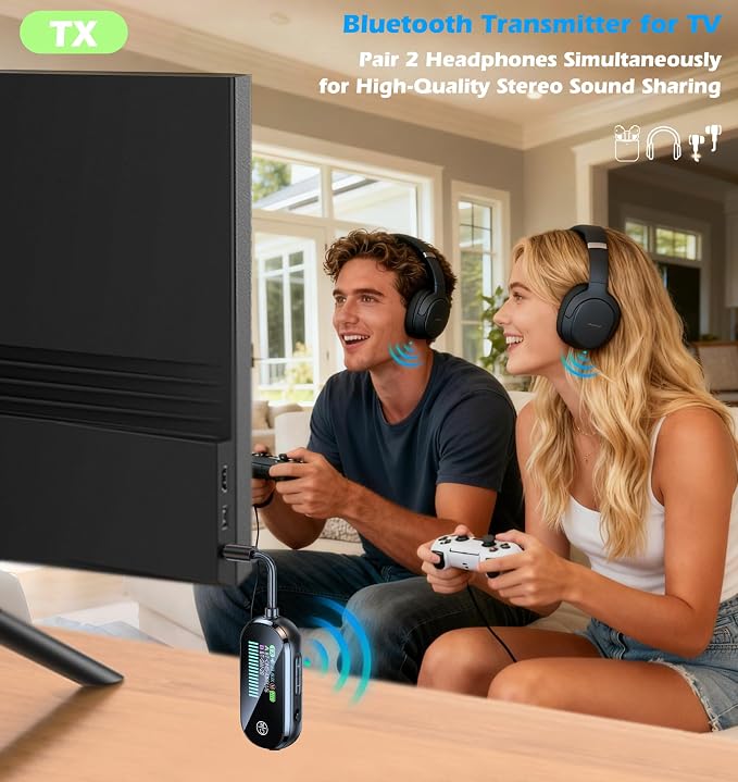 KAIY Bluetooth Car Adapter 2 in 1 Wireless Audio Receiver & AUX Transmitter for TV/Airplane/Home Stereo, Dual Link for 2 AirPods/Headphones, HD Screen Low Latency 5.4 Portable Dongle