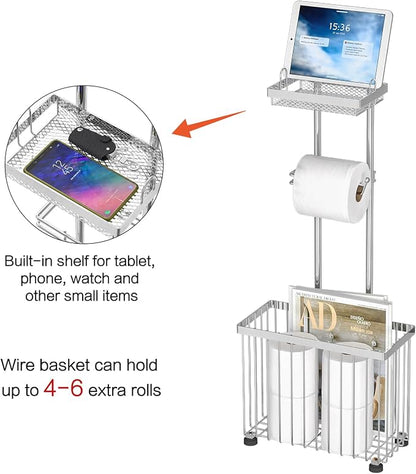 Freestanding Toilet Paper Holder Toilet Tissue Rack Scroll Stand Roll Dispenser with Storage Shelf Reserve for Phone Tablet Magazine Bathroom Organizer Bath Tissue Organizer (Silver)