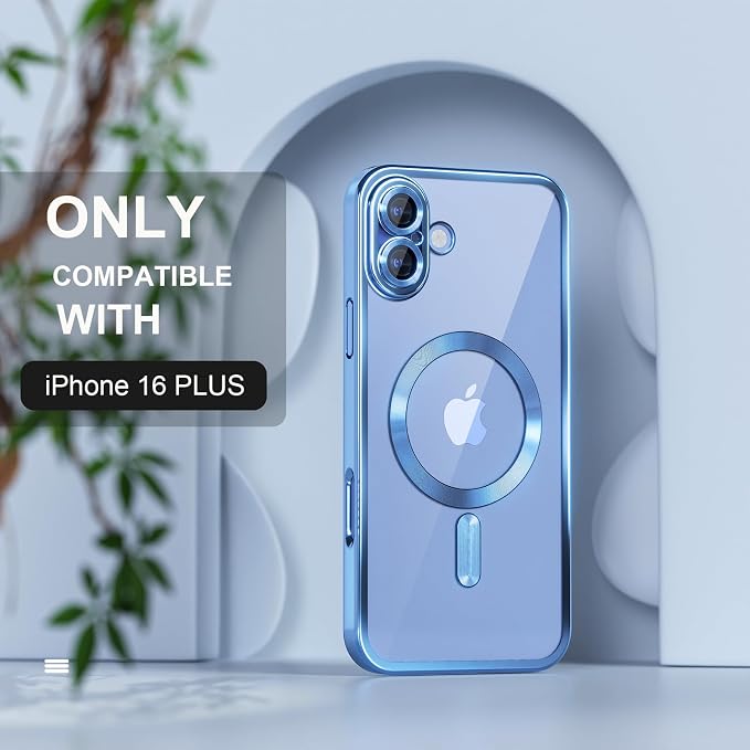 Misea Magnetic for iPhone 16 Plus Case Compatible with MagSafe [Never Yellowing] [Military Grade Drop Protection] Full Camera Lens Protector Plating Soft Clear Phone Case for Women 6.7", Sierra Blue