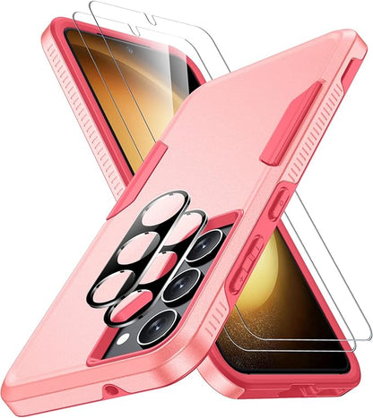 SPIDERCASE Designed for Samsung Galaxy S23 Case, [10 FT Military Grade Drop Protection], 2 Pack [Tempered Glass Screen Protector+Camera Lens Protector] Heavy Duty Shockproof Case, Pink
