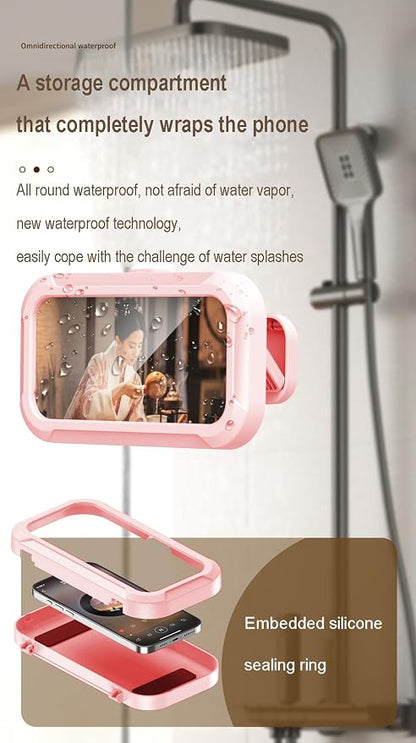 Shower Phone Holder Waterproof - 360° Bathroom Wall Phone Mount Stand Water Proof Anti Fog Case, Suitable for Phones Under 7 inches (Second Generation Pink)