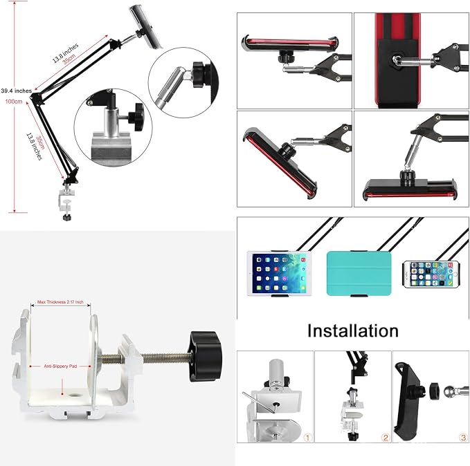 Heavy Duty Phone/Tablet Metal Holder Universal Mobile Cell Smartphone Mount Lazy Bracket 360° Rotation Gooseneck Clamp Stand Flexible Long Arm for 4-11 Inch Devices (Black, 2-Section)