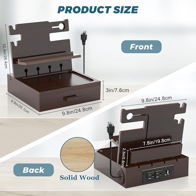 Nightstand Organizer for Men with Drawer Wood Docking Station with USB Ports and AC Outlets, Gifts for Men, Holds Phone, Tablet, Keys, Glasses, Earphones Etc（Brown）