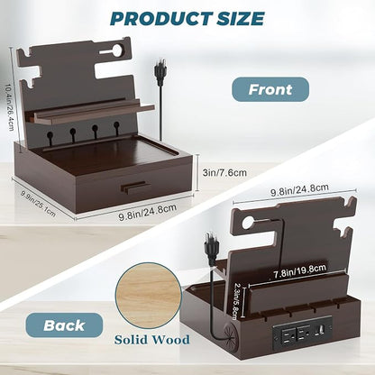 Nightstand Organizer for Men with Drawer Wood Docking Station with USB Ports and AC Outlets, Gifts for Men, Holds Phone, Tablet, Keys, Glasses, Earphones Etc（Brown）