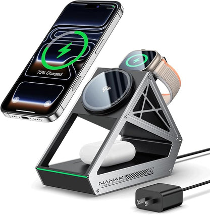 NANAMI Wireless Charging Station for Apple Watch, Qi2 Certified 3 in 1 15W Magnetic Wireless Charger Stand for iPhone 17/17 Air/16/15/14/13/12, AirPods 4/3/Pro/Pro 2, [Certified] Apple Watch Charger