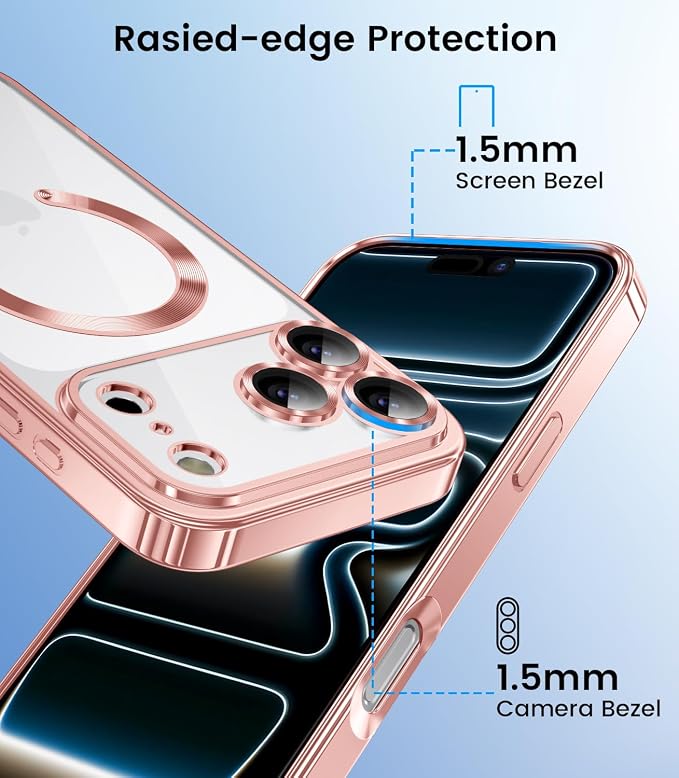 Slim Thin for iPhone 17 Pro Case Clear, Compatible with MagSafe, Built-in Camera Lens Protector, Shockproof Protective Phone Case, Soft Electroplated Magnetic Cover, Rose Gold/Pink
