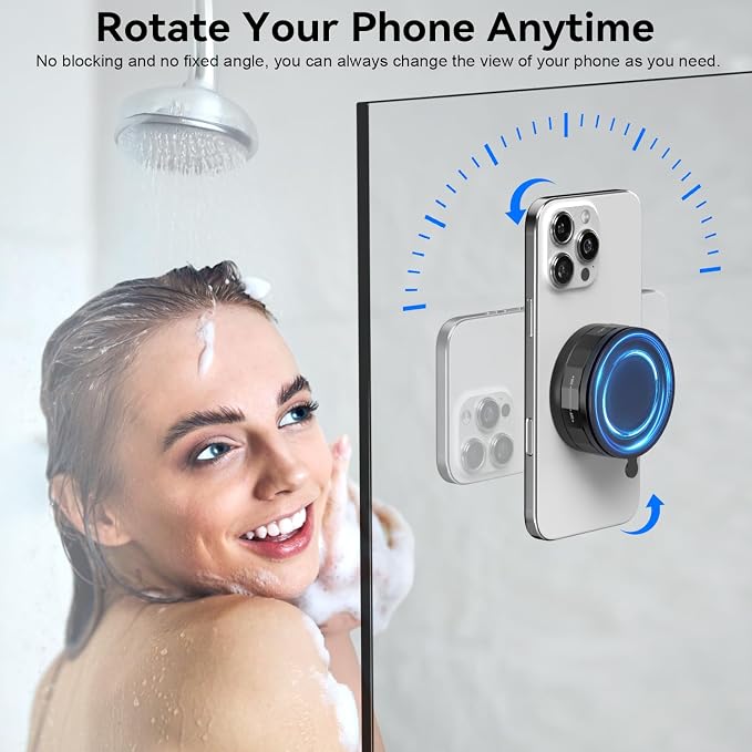 imluckies Magnetic Shower Mirror Phone Holder, Vacuum Suction Cup Phone Mount Compatible with Magsafe iPhone, Portable Mini Stand for TikTok/Selfies/Movies/Music/Gym/Bathroom/Kitchen, Black