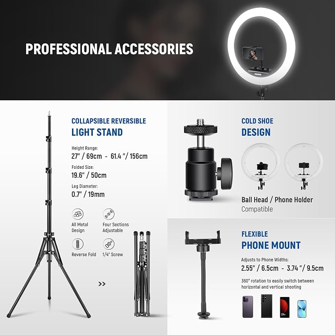 NEEWER RP18B Pro Ring Light 18" with Tripod Stand and Phone Holder Compatible with iPhone, 45W 2900K-7000K App Control Cleaning Cloth, Selfie Video Recording Makeup Studio Streaming Lighting, Black
