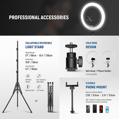 NEEWER RP18B Pro Ring Light 18" with Tripod Stand and Phone Holder Compatible with iPhone, 45W 2900K-7000K App Control Cleaning Cloth, Selfie Video Recording Makeup Studio Streaming Lighting, Black